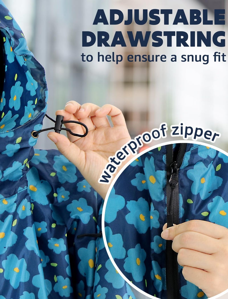 ANYOO Waterproof Rain Poncho Lightweight Reusable Hiking Hooded Coat Jacket for Outdoor Activities(Blue Flower) One Size - Image 5